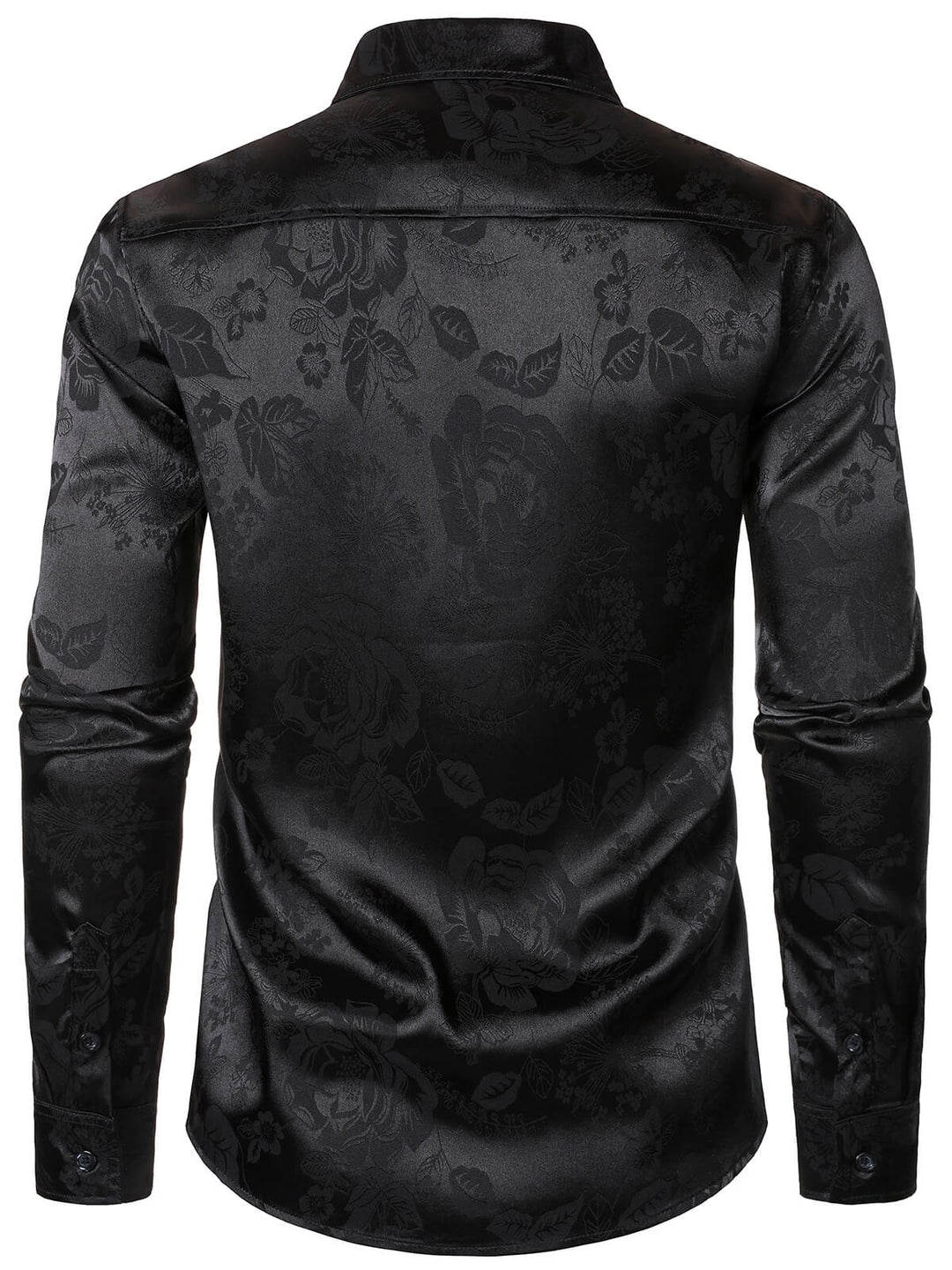 Chemise à manches longues en satin brillant noir à motif jacquard floral pour homme