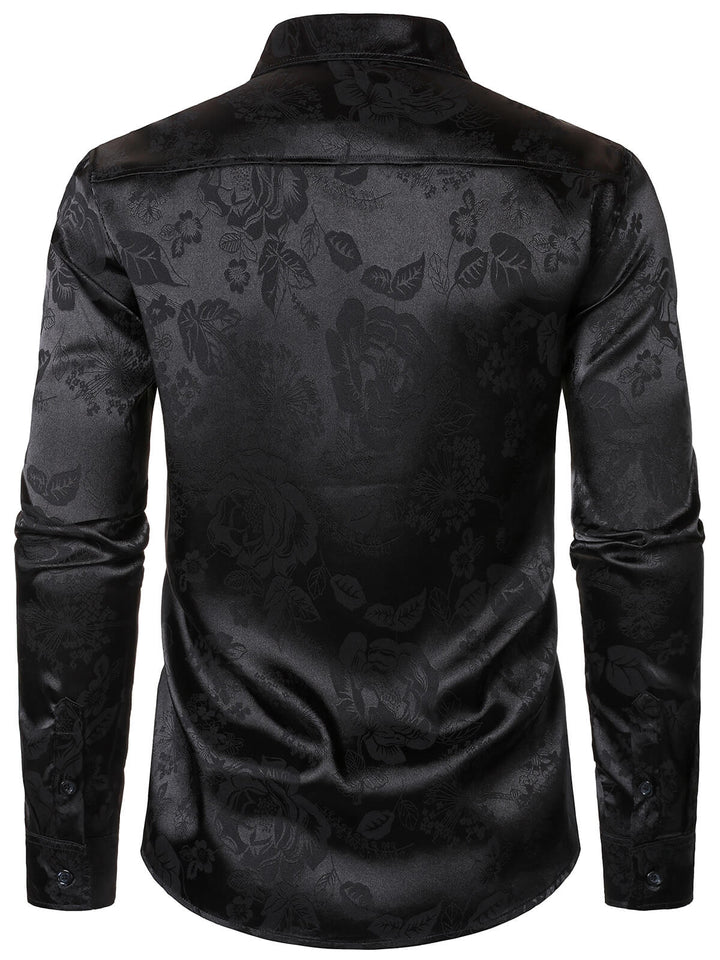Chemise à manches longues en satin brillant noir à motif jacquard floral pour homme