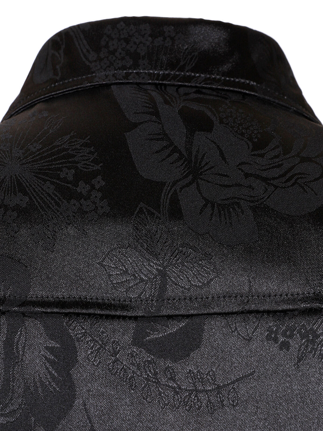 Chemise à manches longues en satin brillant noir à motif jacquard floral pour homme