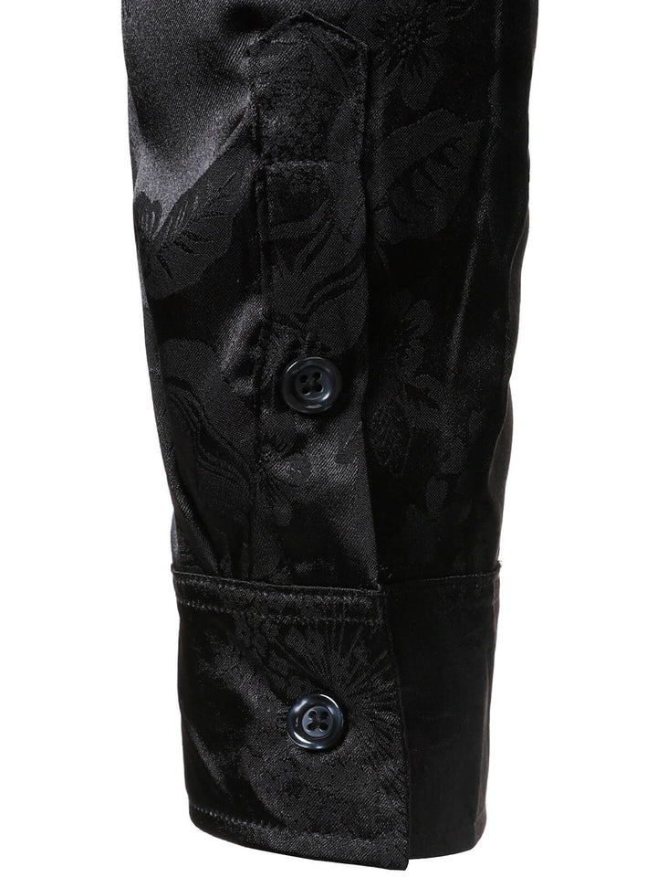 Chemise à manches longues en satin brillant noir à motif jacquard floral pour homme