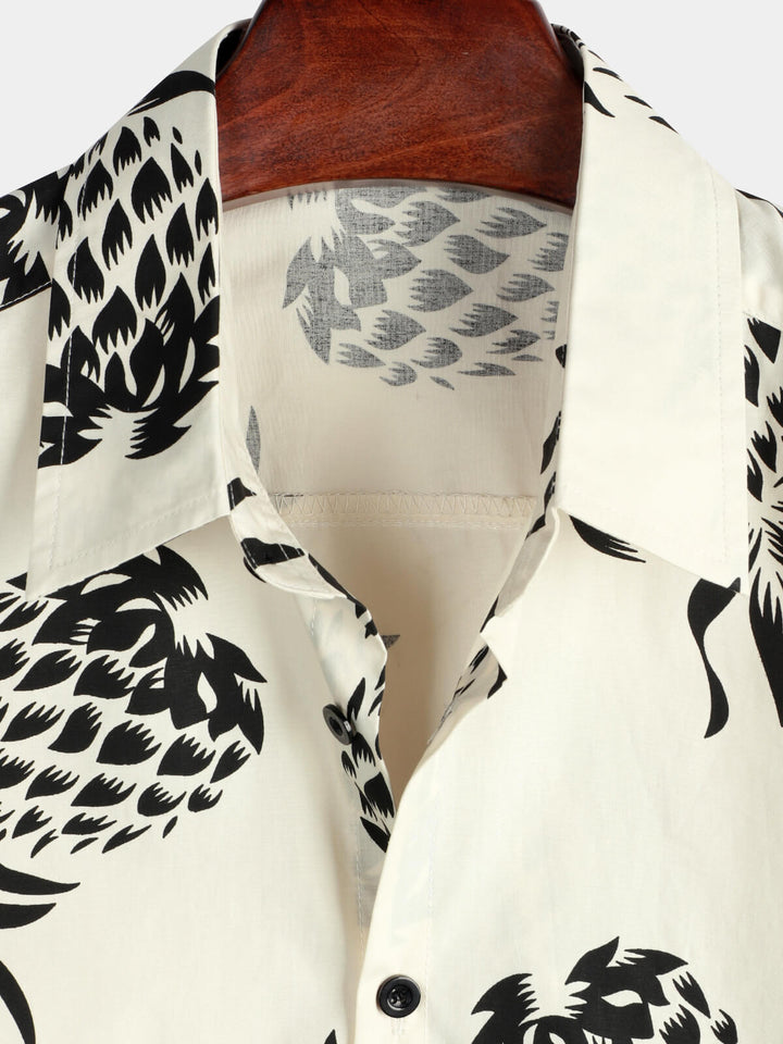 Chemise à manches courtes boutonnée beige pour homme en coton imprimé ananas été plage hawaïenne