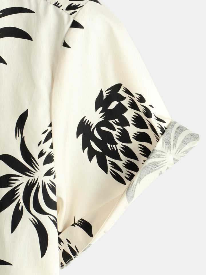 Chemise à manches courtes boutonnée beige pour homme en coton imprimé ananas été plage hawaïenne