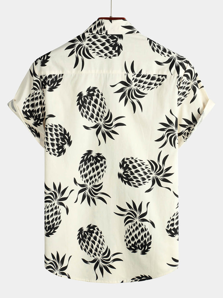 Chemise à manches courtes boutonnée beige pour homme en coton imprimé ananas été plage hawaïenne