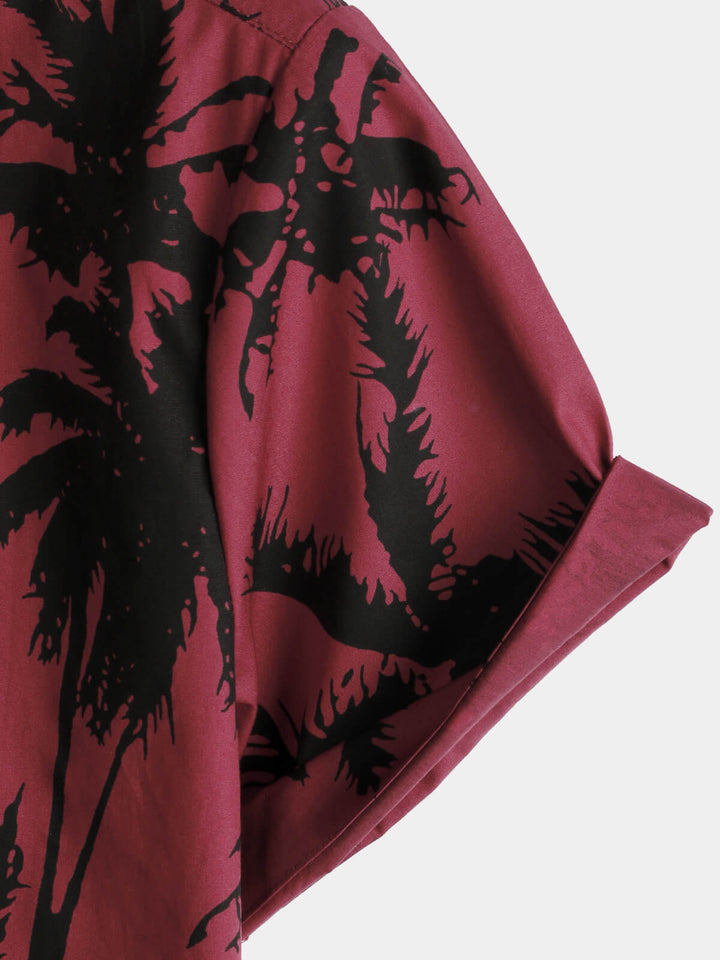 Chemise de plage bordeaux à manches courtes en coton imprimé palmiers pour homme