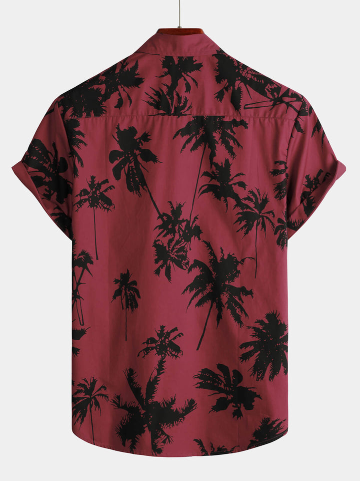 Chemise de plage bordeaux à manches courtes en coton imprimé palmiers pour homme