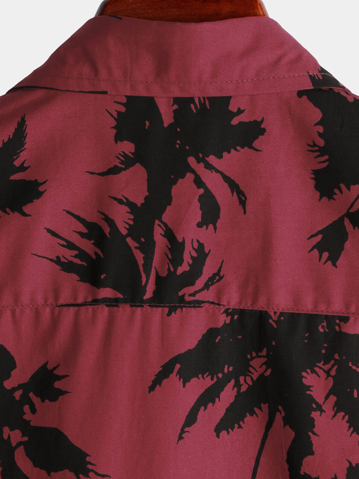 Chemise de plage bordeaux à manches courtes en coton imprimé palmiers pour homme