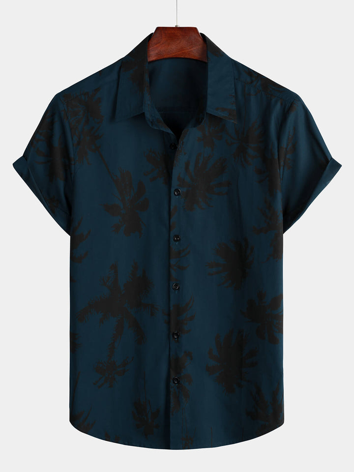 Chemise à col hawaïen bleu marine à manches courtes et imprimé palmiers pour hommes 100% coton