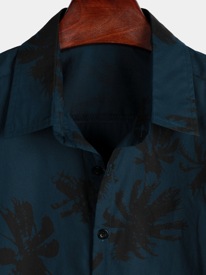 Chemise à col hawaïen bleu marine à manches courtes et imprimé palmiers pour hommes 100% coton