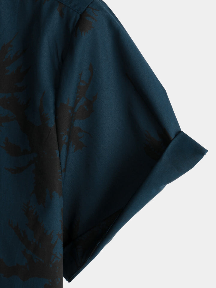Chemise à col hawaïen bleu marine à manches courtes et imprimé palmiers pour hommes 100% coton