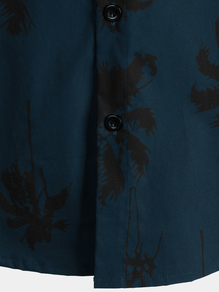 Chemise à col hawaïen bleu marine à manches courtes et imprimé palmiers pour hommes 100% coton