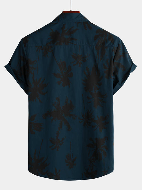 Chemise à col hawaïen bleu marine à manches courtes et imprimé palmiers pour hommes 100% coton