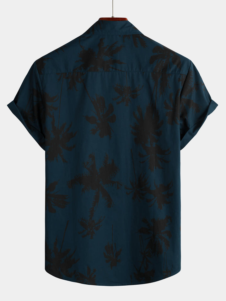 Chemise à col hawaïen bleu marine à manches courtes et imprimé palmiers pour hommes 100% coton