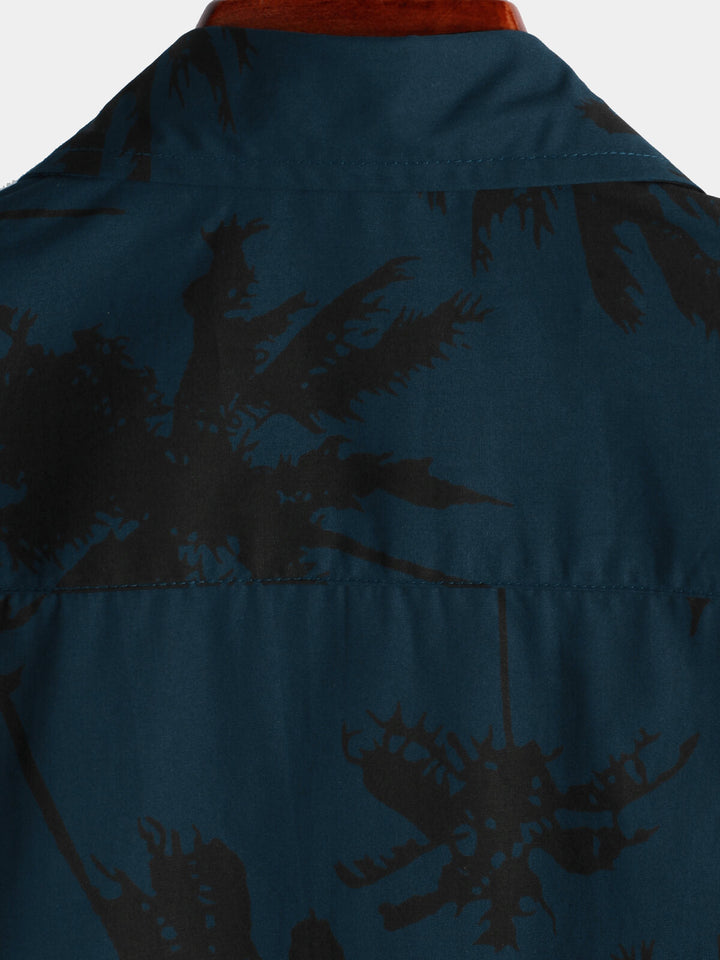 Chemise à col hawaïen bleu marine à manches courtes et imprimé palmiers pour hommes 100% coton