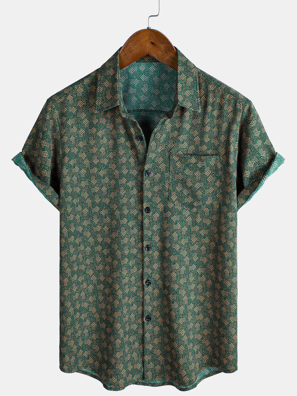 Chemise à manches courtes et poche verte à imprimé géométrique rétro pour homme