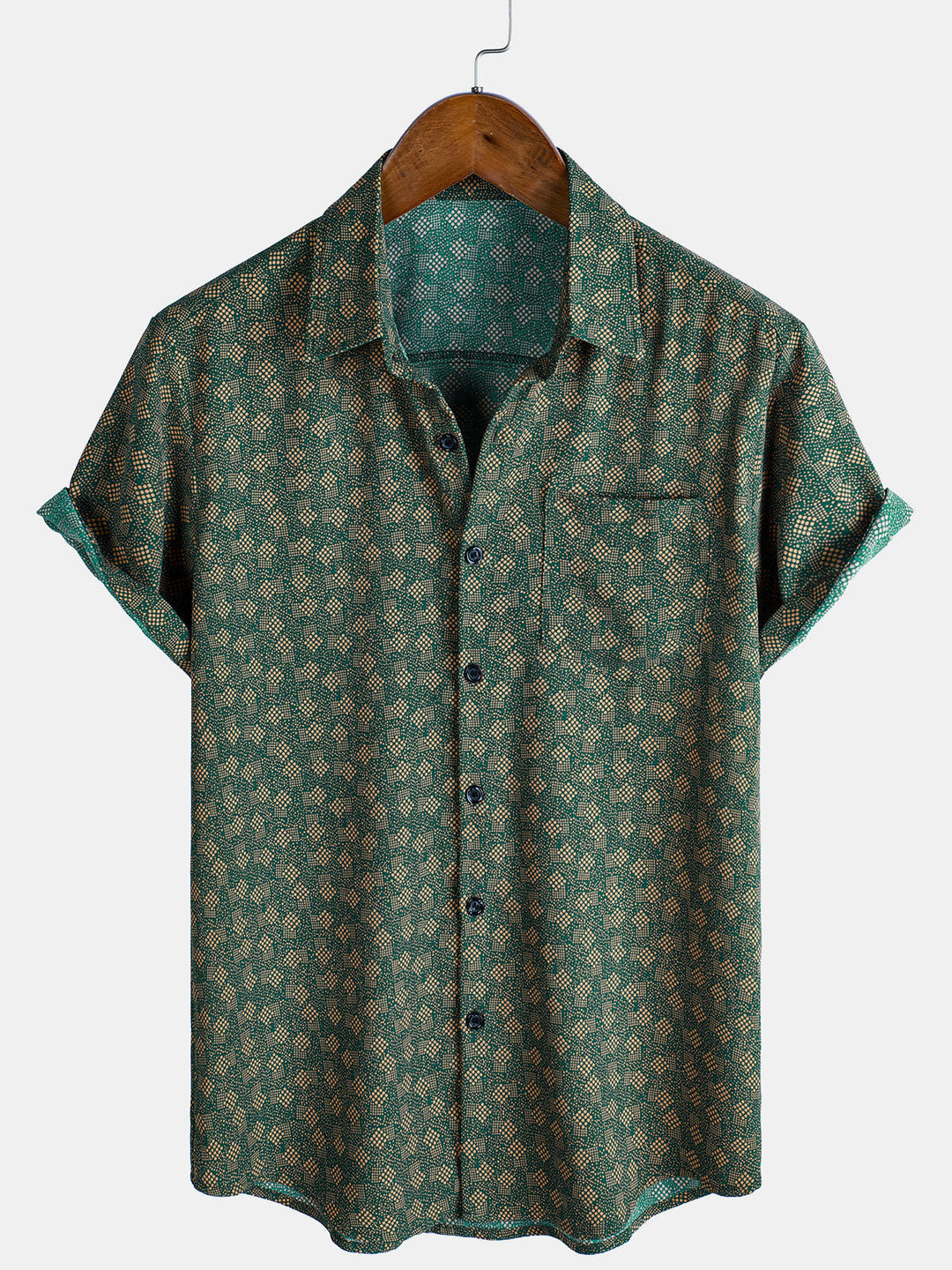Chemise à manches courtes et poche verte à imprimé géométrique rétro pour homme