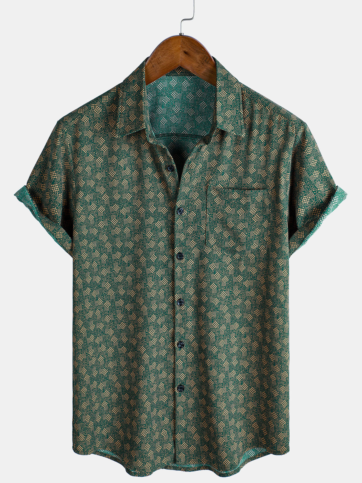 Chemise à manches courtes et poche verte à imprimé géométrique rétro pour homme