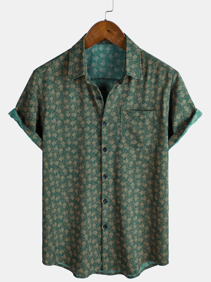 Chemise à manches courtes et poche verte à imprimé géométrique rétro pour homme