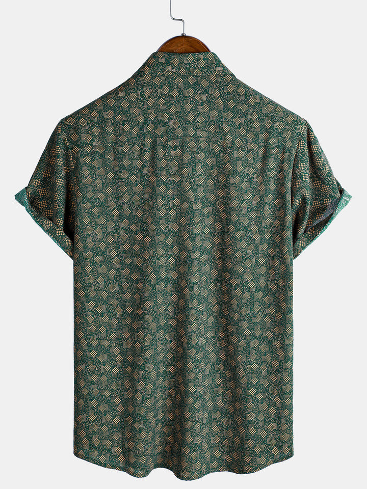 Chemise à manches courtes et poche verte à imprimé géométrique rétro pour homme