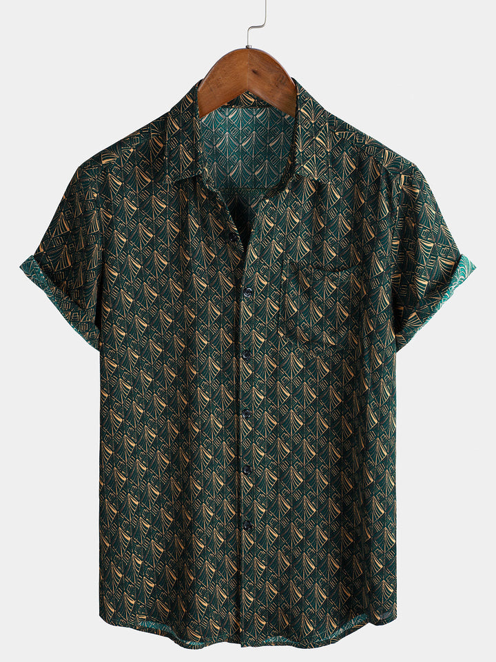 Chemise de vacances à manches courtes et poches à imprimé géométrique rétro pour homme