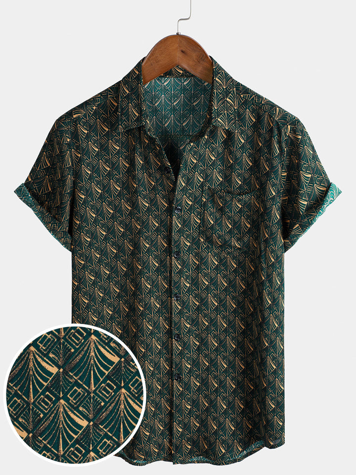 Chemise de vacances à manches courtes et poches à imprimé géométrique rétro pour homme