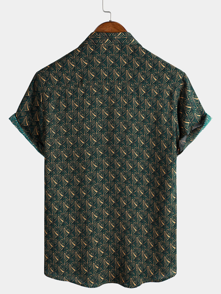 Chemise de vacances à manches courtes et poches à imprimé géométrique rétro pour homme