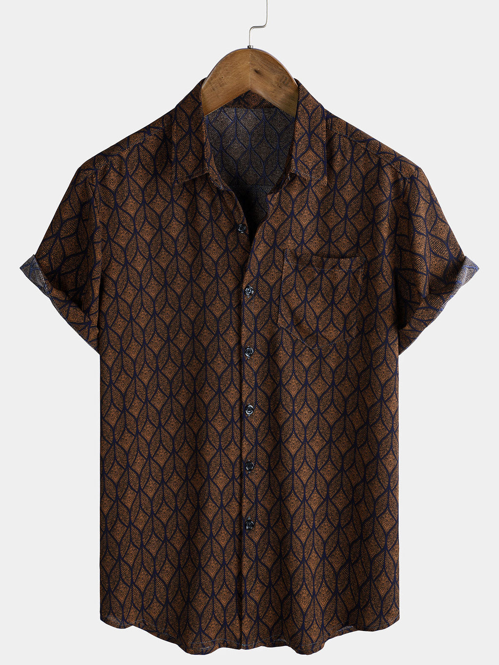 Chemise à Manches Courtes avec Poche en Imprimé Géométrique Rétro Marron pour Homme