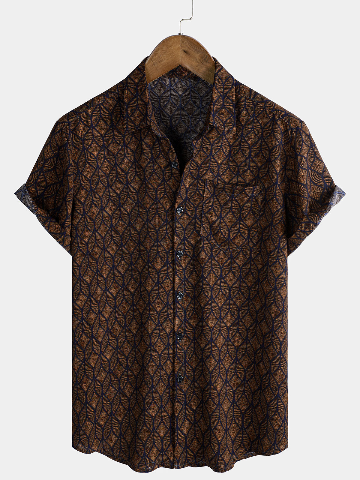 Chemise à Manches Courtes avec Poche en Imprimé Géométrique Rétro Marron pour Homme