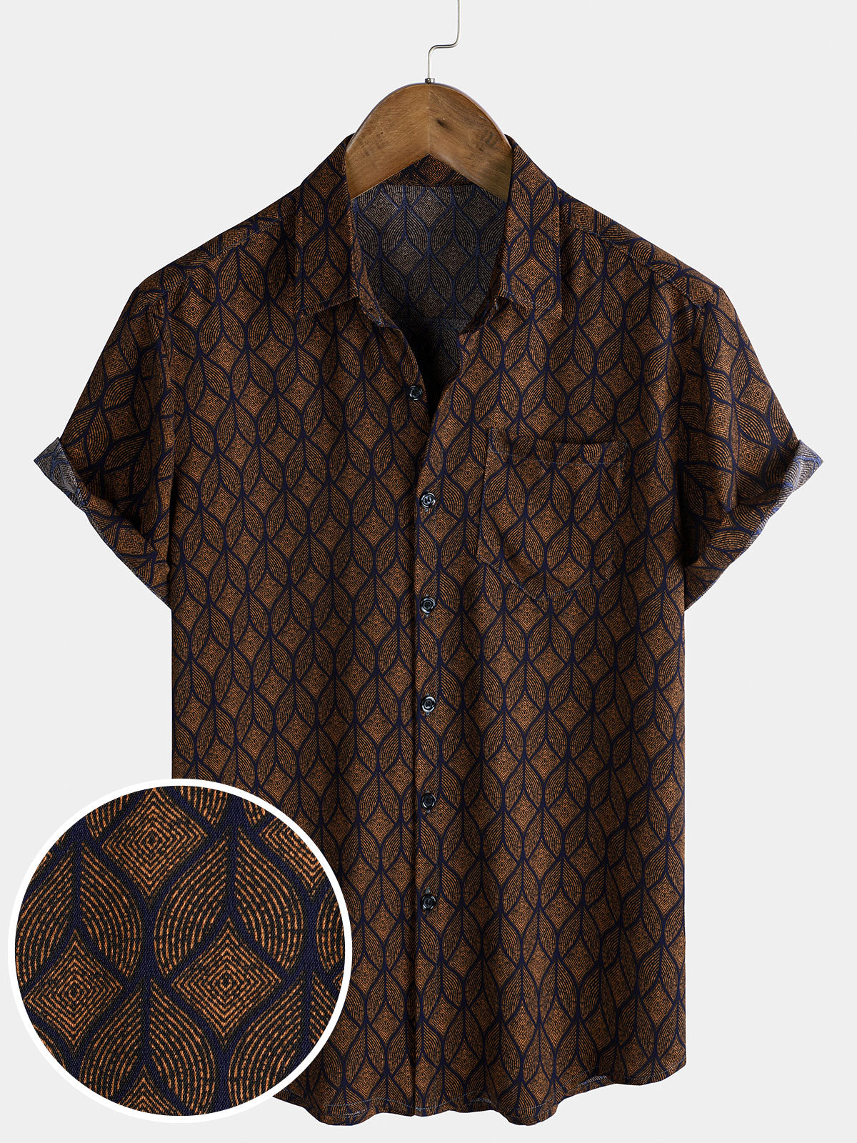 Chemise à Manches Courtes avec Poche en Imprimé Géométrique Rétro Marron pour Homme