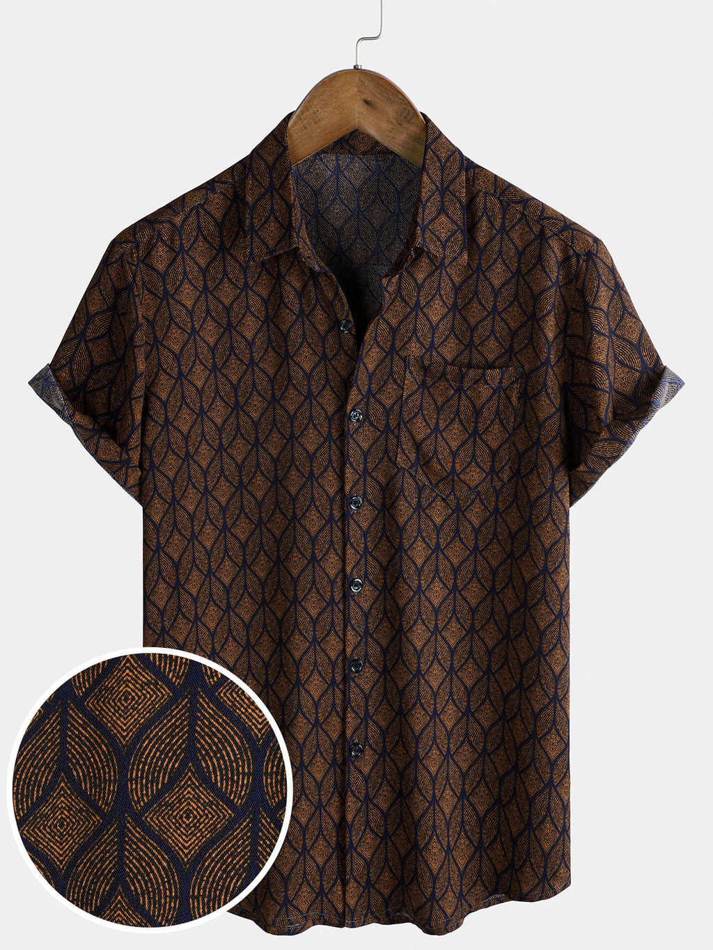 Chemise à manches courtes et poches à imprimé géométrique rétro marron pour homme
