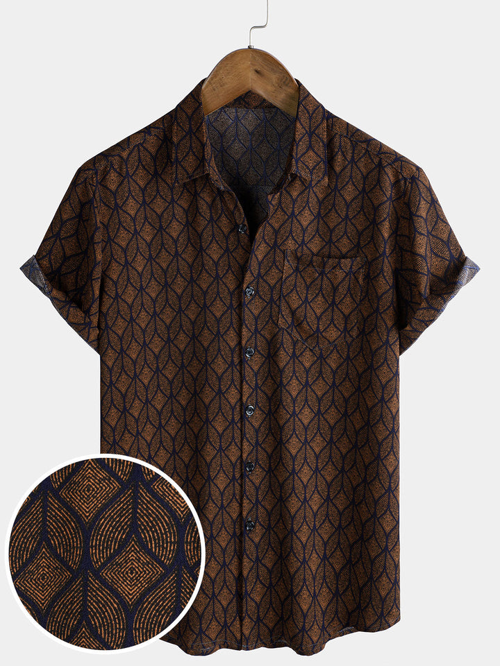 Chemise à manches courtes et poches à imprimé géométrique rétro marron pour homme