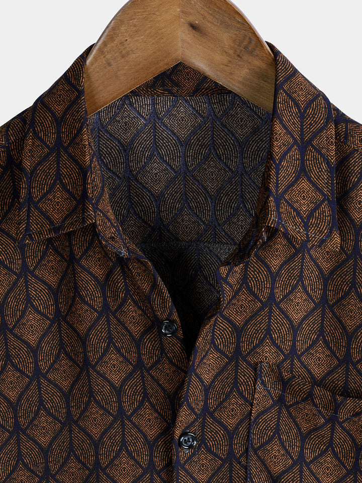 Chemise à manches courtes et poches à imprimé géométrique rétro marron pour homme