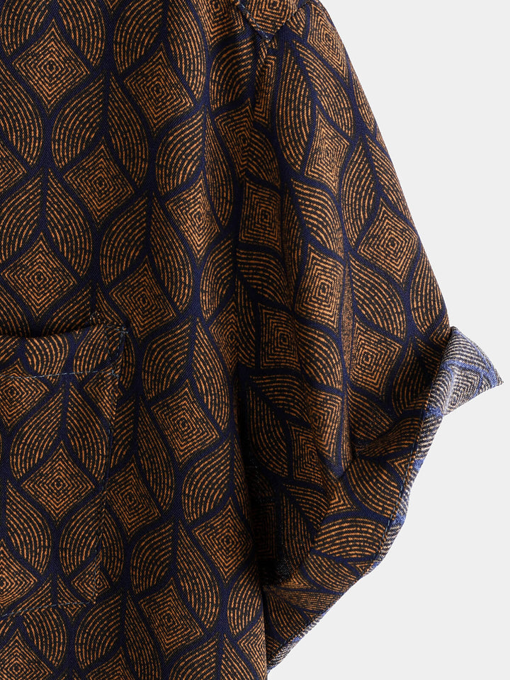 Chemise à manches courtes et poches à imprimé géométrique rétro marron pour homme