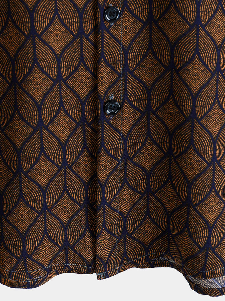 Chemise à manches courtes et poches à imprimé géométrique rétro marron pour homme
