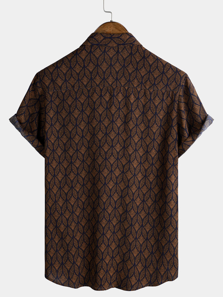Chemise à manches courtes et poches à imprimé géométrique rétro marron pour homme