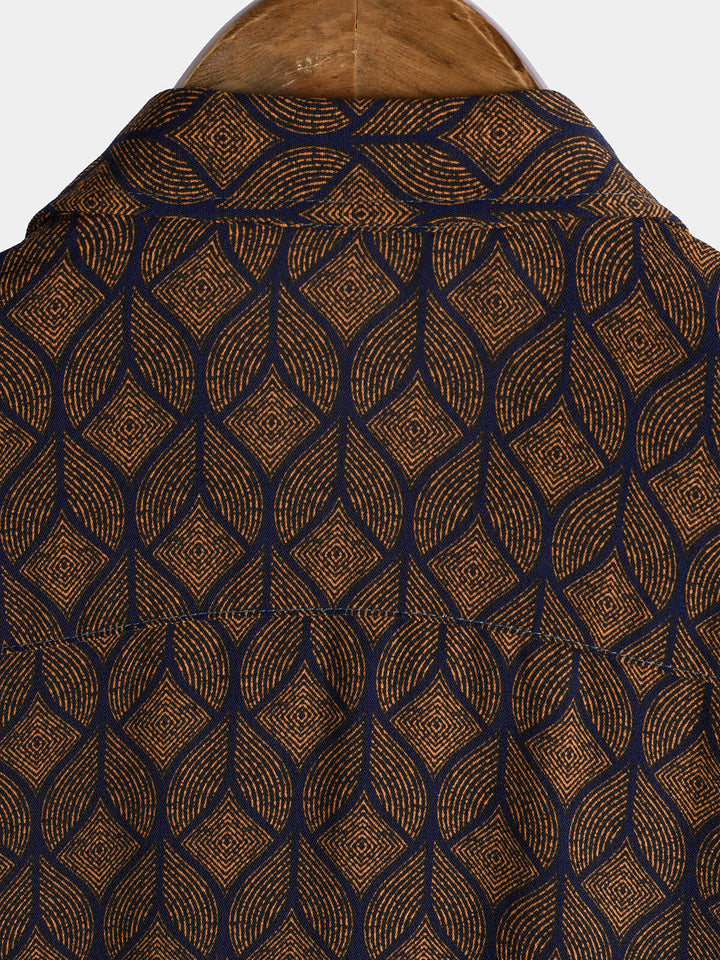 Chemise à manches courtes et poches à imprimé géométrique rétro marron pour homme