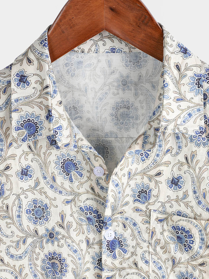Chemise boutonnée à manches courtes et poches à motif cachemire pour homme