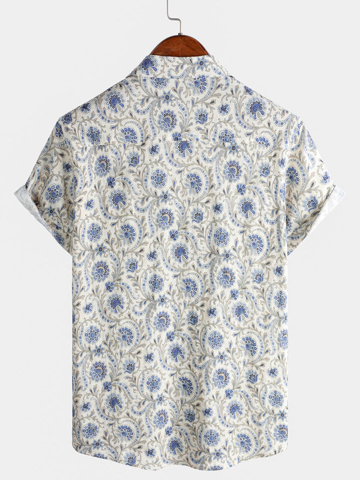 Chemise boutonnée à manches courtes et poches à motif cachemire pour homme