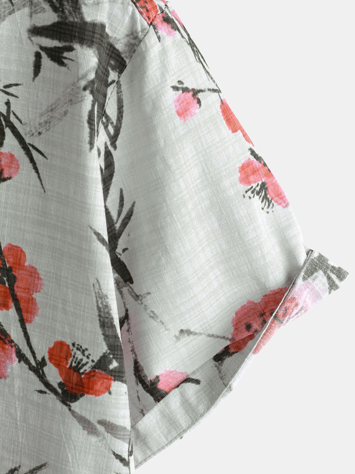 Chemise d’été vintage à manches courtes avec motif floral rouge