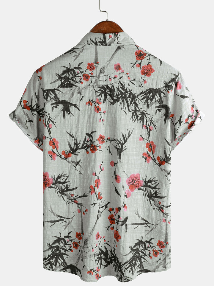 Chemise d’été vintage à manches courtes avec motif floral rouge