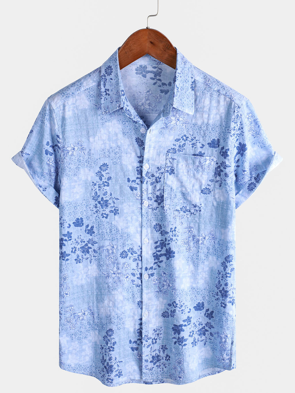 Chemise Rétro à Manches Courtes Florale Bleue pour Homme