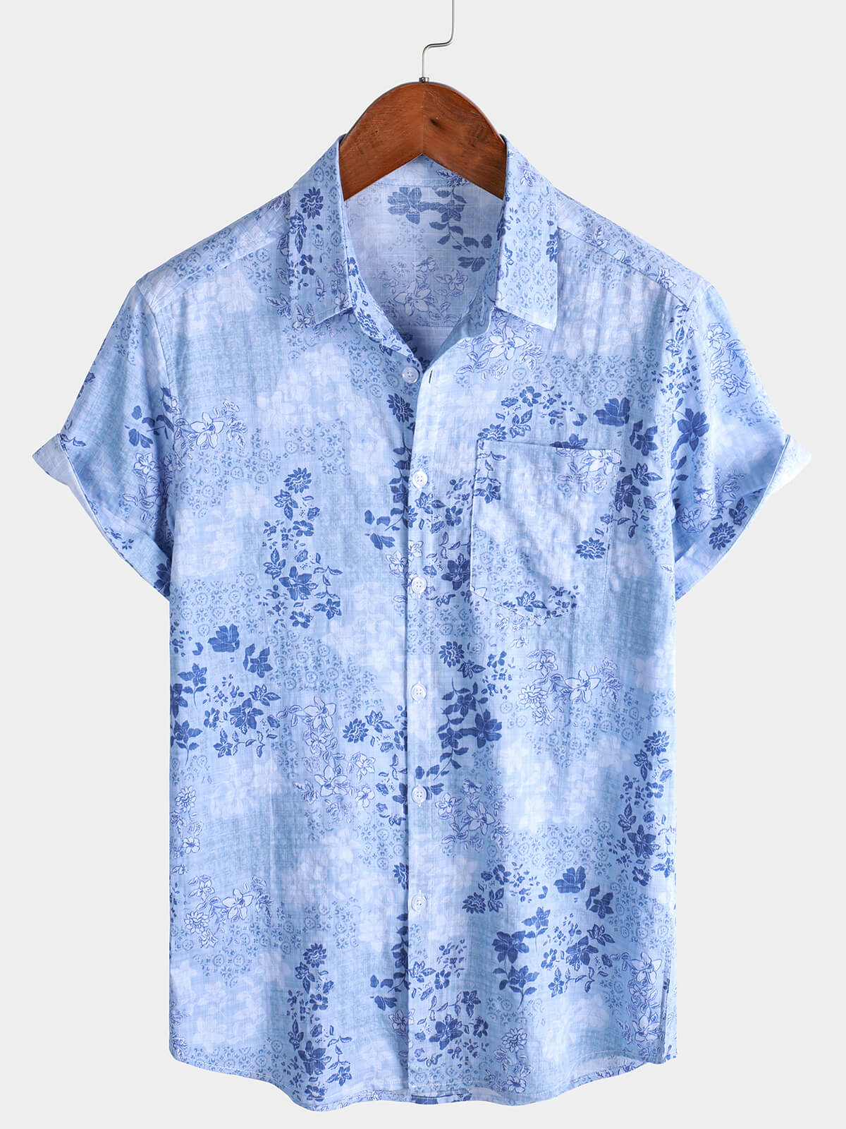 Chemise Rétro à Manches Courtes Florale Bleue pour Homme