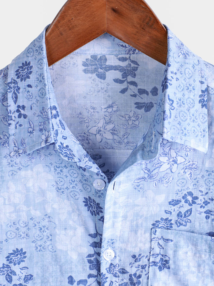 Chemise à manches courtes rétro à imprimé floral bleu pour homme