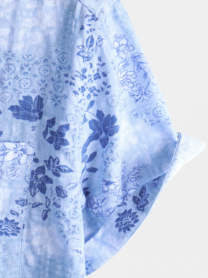 Chemise à manches courtes rétro à imprimé floral bleu pour homme