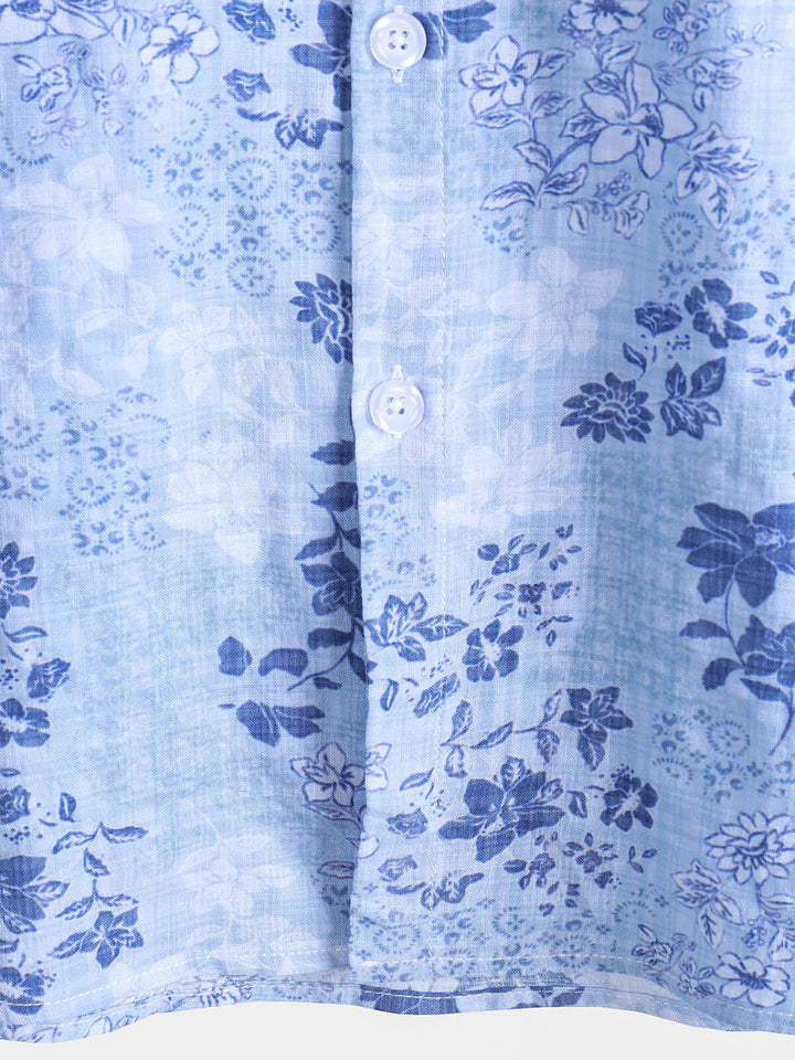 Chemise à manches courtes rétro à imprimé floral bleu pour homme