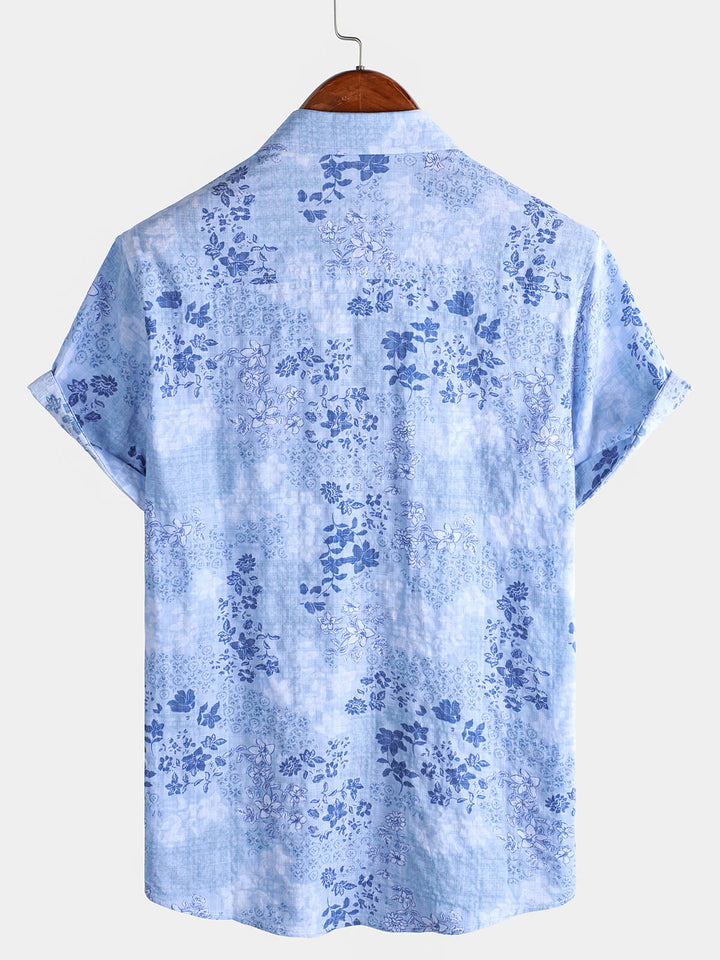 Chemise à manches courtes rétro à imprimé floral bleu pour homme