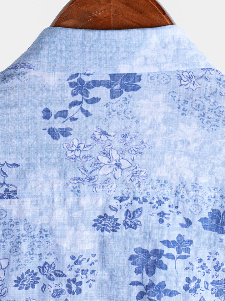 Chemise à manches courtes rétro à imprimé floral bleu pour homme