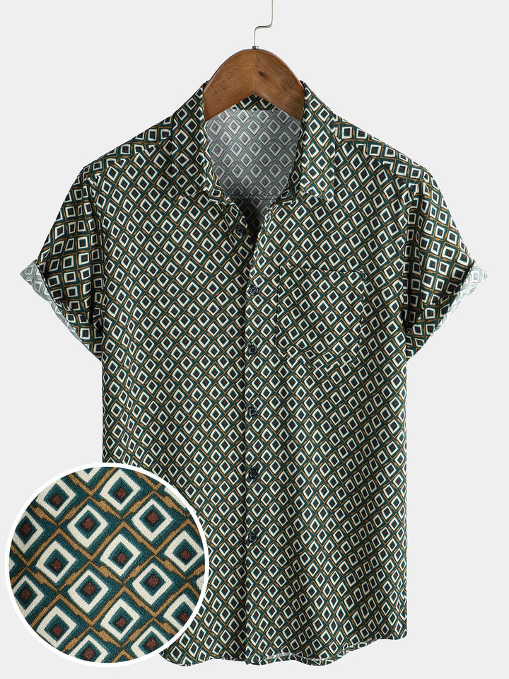 Chemise décontractée à manches courtes et poches pour homme, imprimé géométrique