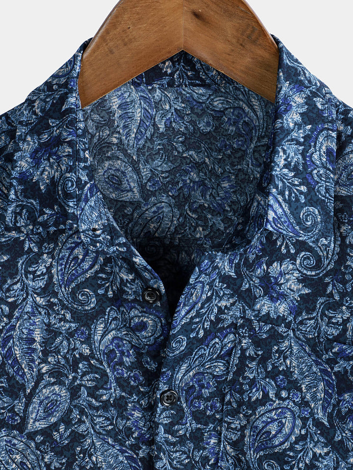 Chemise à manches courtes et poche à imprimé cachemire bleu pour homme