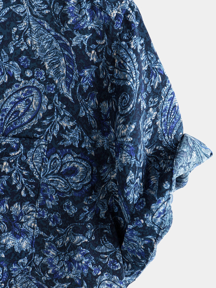 Chemise à manches courtes et poche à imprimé cachemire bleu pour homme