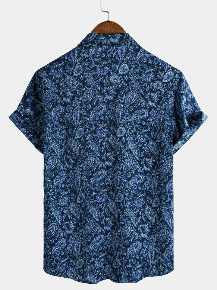 Chemise à manches courtes et poche à imprimé cachemire bleu pour homme